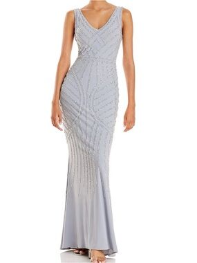 Elegant Silver-Beaded V-Neck Evening Gown